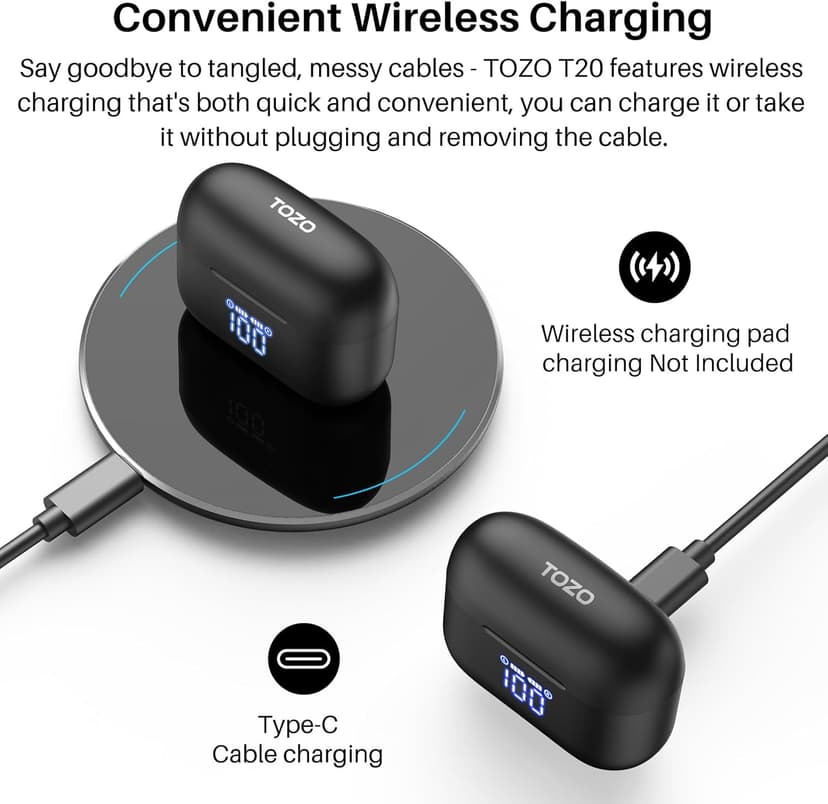 TOZO T20 Wireless Earbuds Bluetooth Headphones 48.5 Hrs Playtime with LED Digital Display, IPX8 Waterproof, Dual Mic Call Noise Cancelling 10mm Broad Range Speakers, New Version