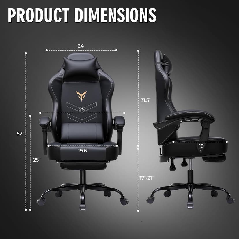 GTPLAYER Gaming Chair, Office Chair High Back Computer Chair with Foot Rest for Adults, Leather Desk Chair Executive Ergonomic Height Adjustable with Headrest and Lumbar Support, 300lbs Black