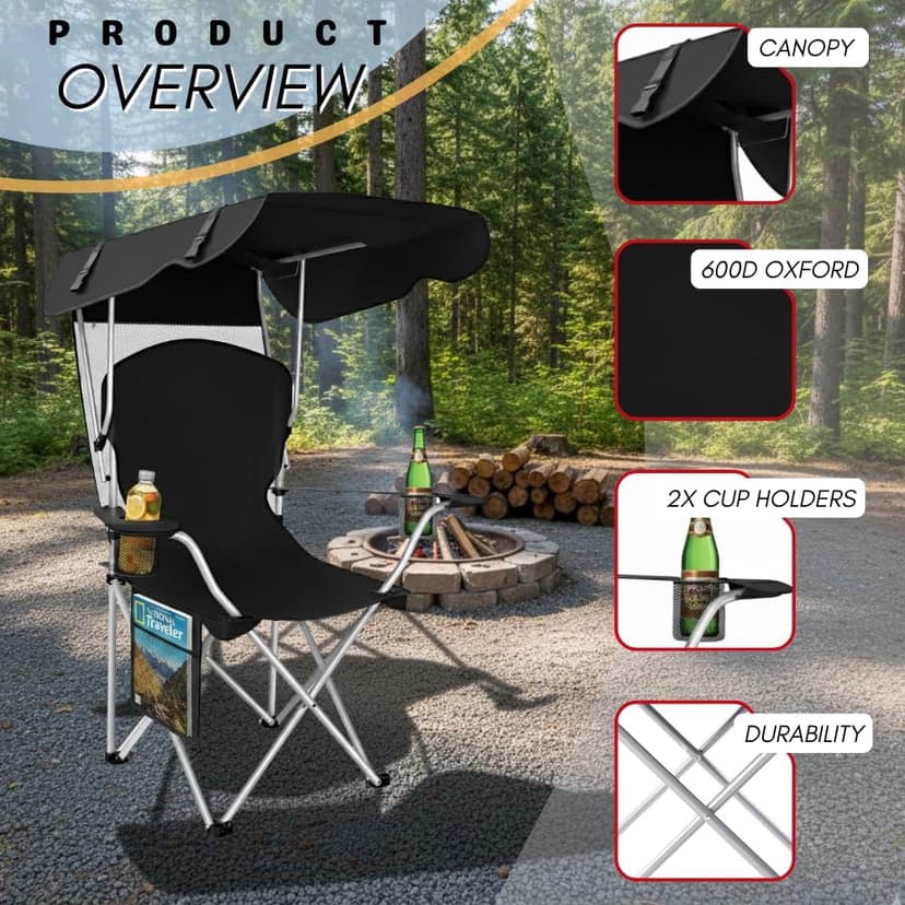 Portable Folding Camping Chairs with Canopy Shade, Beach Chair for Adults, Durable Weather Resistant 600D Oxford Cloth, Camping Chair with Canopy for Outdoors [Black]