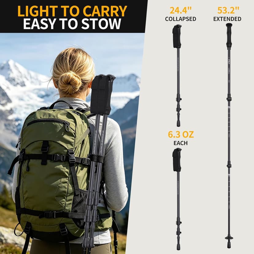 3K Carbon Fiber Trekking Poles - Collapsible, Lightweight Yet Sturdy Hiking Poles with EVA Grip, for Men & Women Hikers