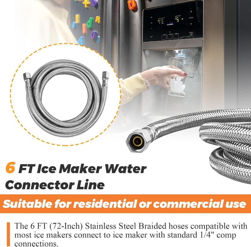 UPGRADE Ice Maker Water Connector Line by Beaquicy - 6 FT (72-Inch) Stainless Steel Braided Hoses with 1/4-in Compression x 1/4-in Compression