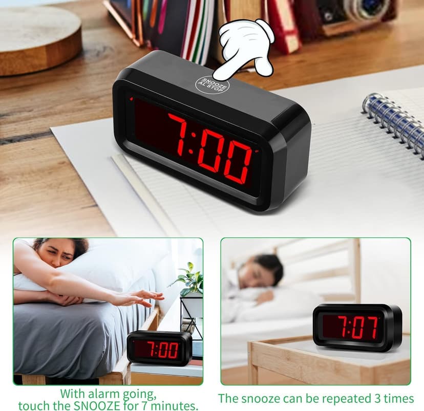 Alarm Clock, LED Digital Clock, Small Wall Clock, Battery Operated, Adjustable 3-Level Led Brightness, Dim Night Mode, 12/24Hr, Cordless, Constantly 1.2'' Digits Display for Bedroom/Travel,Easy to Set