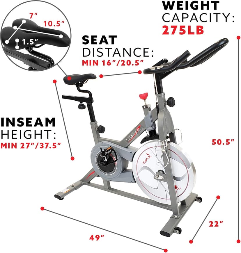 Sunny Health & Fitness Indoor Cycling Exercise Bike w/Pulse Sensors & 4-Way Adjustable Seat, Stationary Home Cardio Training Machine w/Micro-Adjustable Magnetic Resistance for Intensive Cardio Session