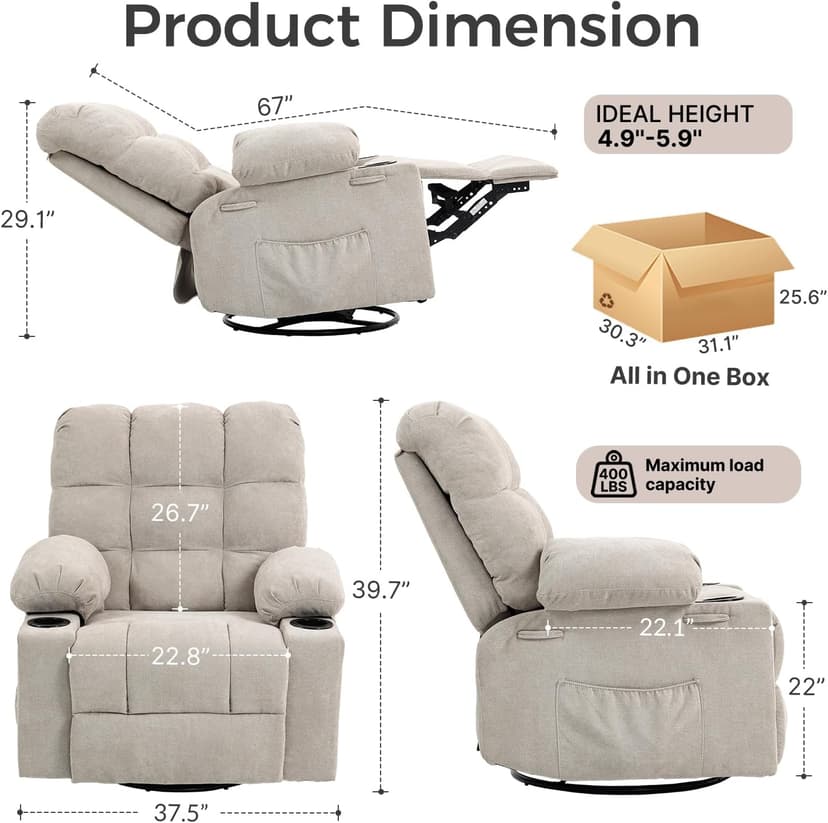 Quiet Massage Recliner Chair with Heat, 360 Swivel Rocker Glider for Nursing, Back Pain Relief, Manual Overstuffed Single Sofa with Cup Holders & Side Pockets, Oatmeal Gray