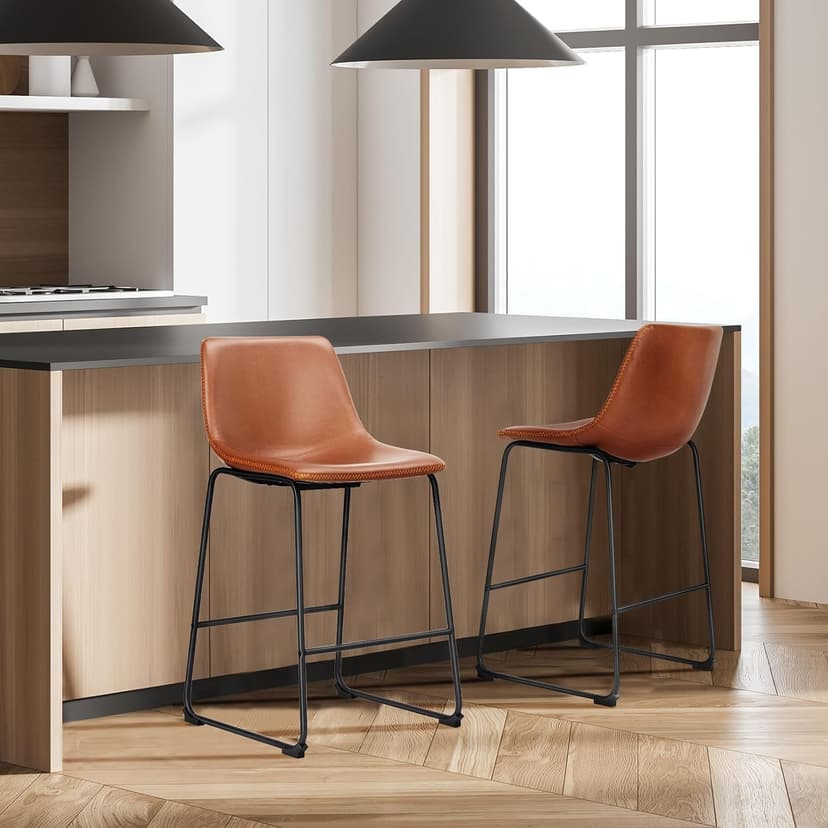 DUMOS 26 Inch Counter Height Bar Stools Set of 4, Modern Faux Leather High Barstools with Back and Metal Leg, Upholstered Bar Chairs for Kitchen Island, Brown