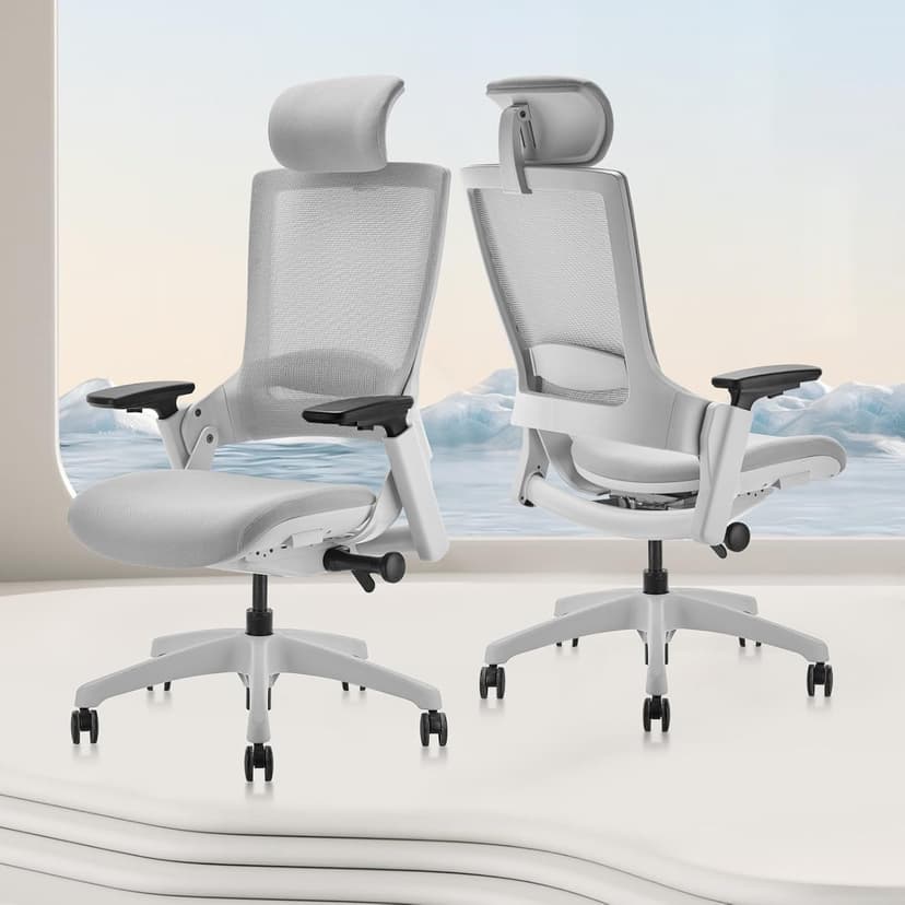 CLATINA Ergonomic High Swivel Executive Chair with Adjustable Height Head 3D Arm Rest Lumbar Support and Upholstered Back for Home Office Gray Mesh/High Back