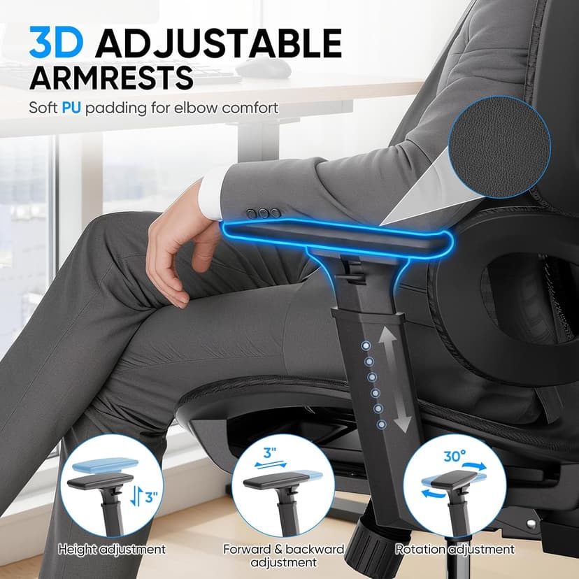 MoNiBloom Ergonomic Office Chair, High Back Mesh Desk Chair with Adjustable Headrest & 3D Armrests, Lumbar Support, 90–145° Recline, Swivel Rolling Computer Chair for Office Conference Room (1)