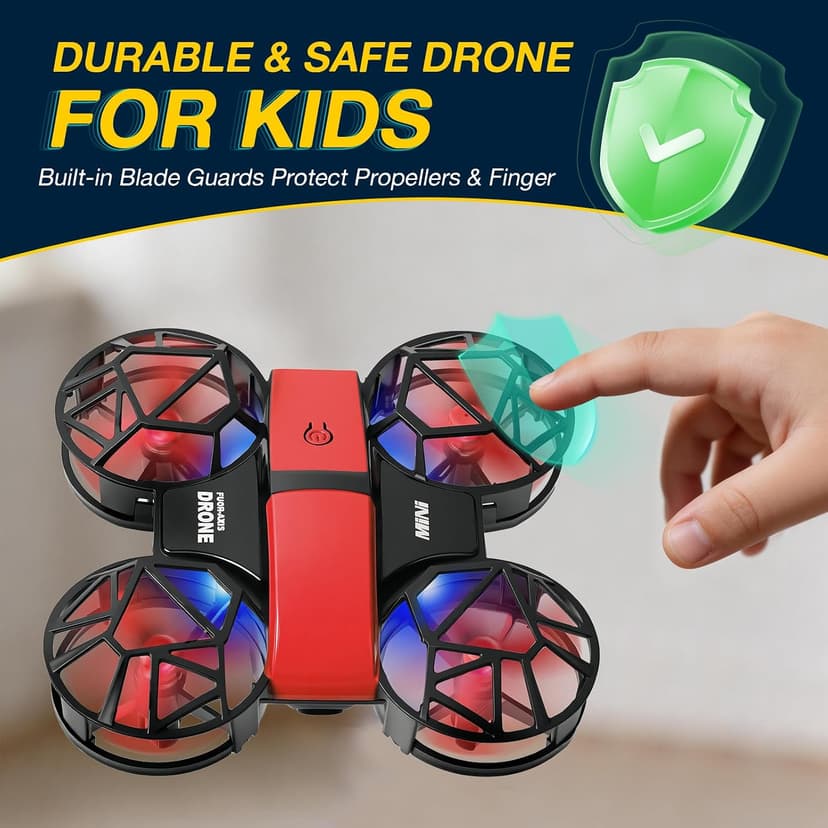 Red Mini Drone for Kids, Indoor & Outdoor RC Quadcopter, Full Propeller Guards, LED Light, 3D Flips, One Key Start, Headless Mode, 2 Rechargeable Batteries, 21 Mins Total Flight Time, Toy Gift for Boys and Girls