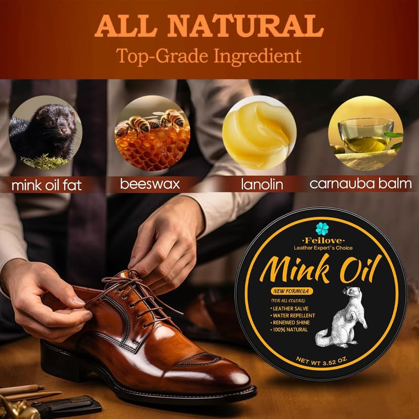 Feilove 4-in-1 Mink Oil Leather Conditioner and Cleaner 3.52 oz - Premium Waterproof Formula for Boots and Shoes