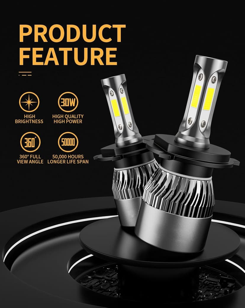 𝖧𝟦/𝟫𝟢𝟢𝟥/𝖧𝖡𝟤 Bulb 6500K Cool White 60000LM 900% Brighter, 1:1 Beam Plug and Play IP68 Waterproof Off-Road Lights, Pack of 2