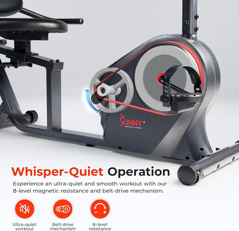 Sunny Health & Fitness Smart Heavy-Duty Recumbent Bike w/Wide Cushioned Seat & Back, Indoor Cycling Machine for Adult/Seniors Home Exercise, Free SunnyFit App Connect, Optional Workout Training Bands