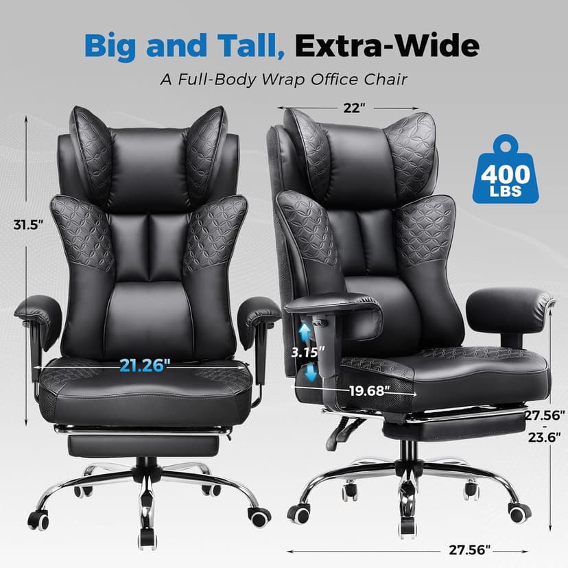 GTRACING Big and Tall Office Chair 400LBS Wide Ergonomic Gaming Chair with Deluxe Embossing Designed Leather with Foot Rest,150°Reclining Adjustable Soft Armrests Pocket Spring Back Support and Pillow