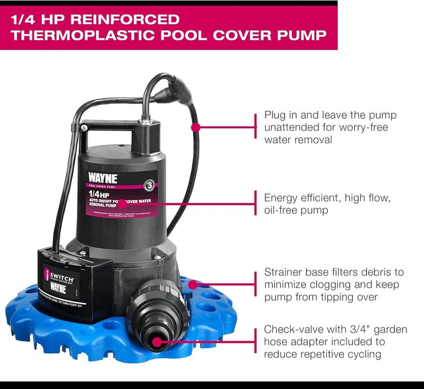 WAYNE WAPC250-1/4 HP Reinforced Thermoplastic Pool Cover Pump - Up to 3,000 Gallons Per Hour - Automatic On/Off Water Removal Pool Cover Pump