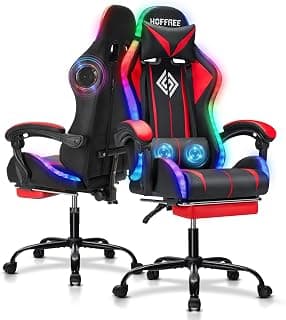 RGB Gaming Chair with Bluetooth Speakers and LED Lights Ergonomic Massage Computer Game Chair with Footrest High Back Music Video Game Chair with Lumbar Support Red and Black