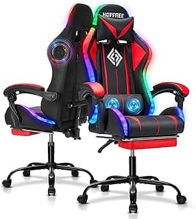 RGB Gaming Chair with Bluetooth Speakers and LED Lights Ergonomic Massage Computer Game Chair with Footrest High Back Music Video Game Chair with Lumbar Support Red and Black