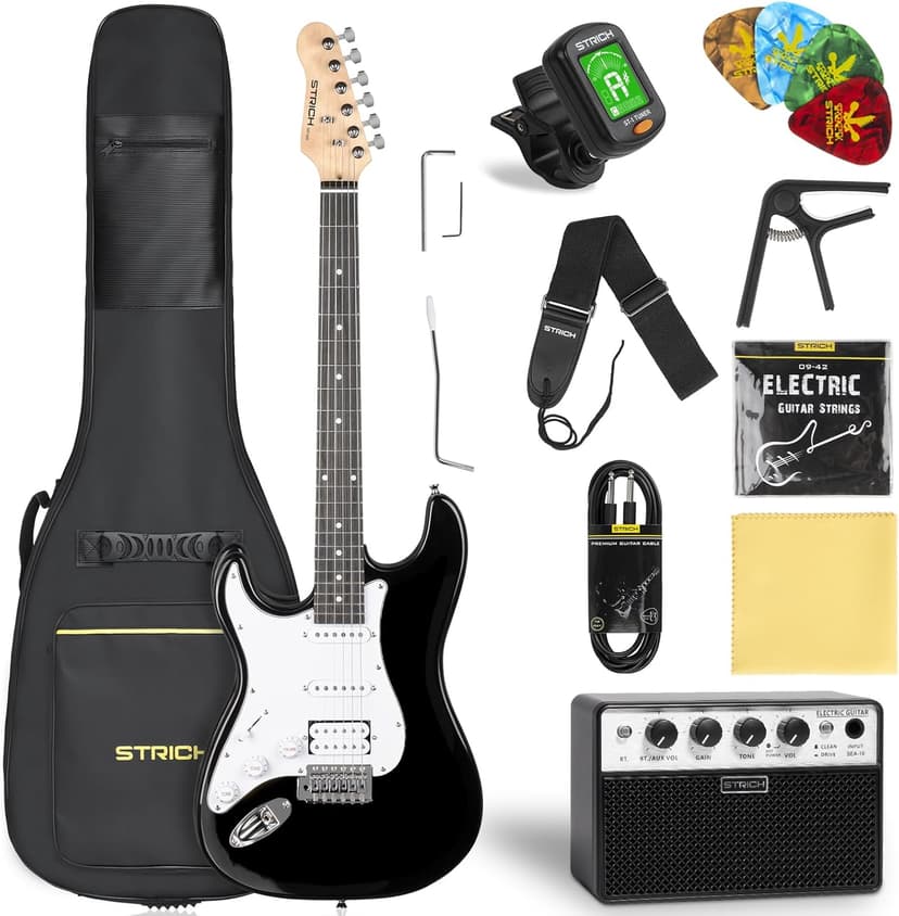 STRICH Electric Guitar Left Hand Beginner Kit, Solid Body 39" Electric Guitar HSS Pick Up for Starter, with 5W x 2 Amp, Bag, Digital Tuner, Capo, Strap, String,Cable, Picks, SST-S20L Black