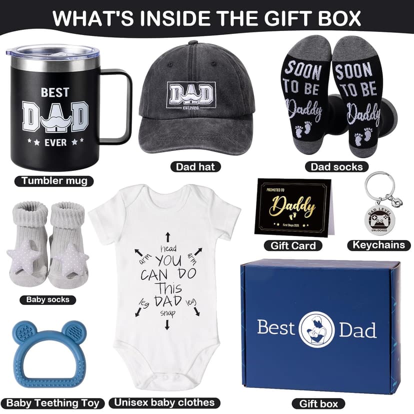 New Dad Gifts Box, 9 Pcs First Time Dad Gifts, Dad to Be Gifts for 1st Time with Tumbler Hat Onesie Socks Keychain for Baby Shower,Unique Kit for Soon to Be or Expecting Father