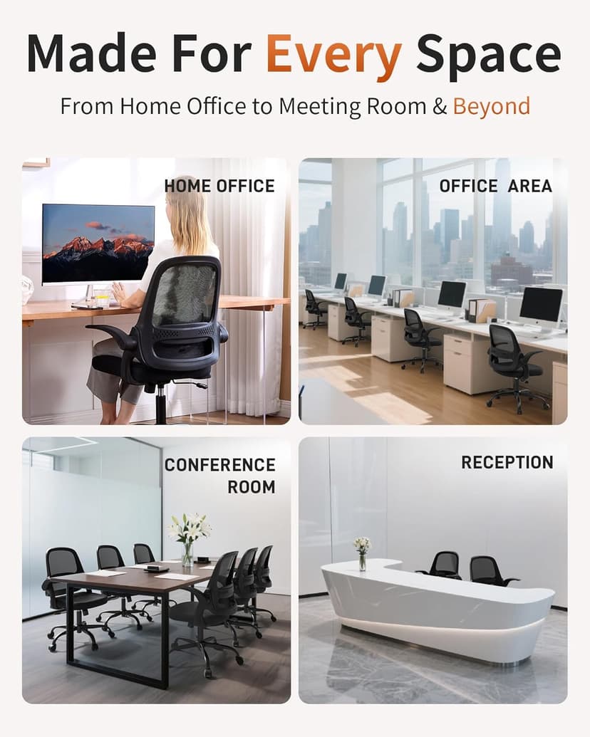 Ergonomic Mesh Office Chair with Flip-Up Arms, Adjustable Height, Breathable Mesh Back & Thick Cushion Seat, 360° Swivel Rolling Computer Desk Chair, BIFMA Certified, Supports 300 lbs (Black)