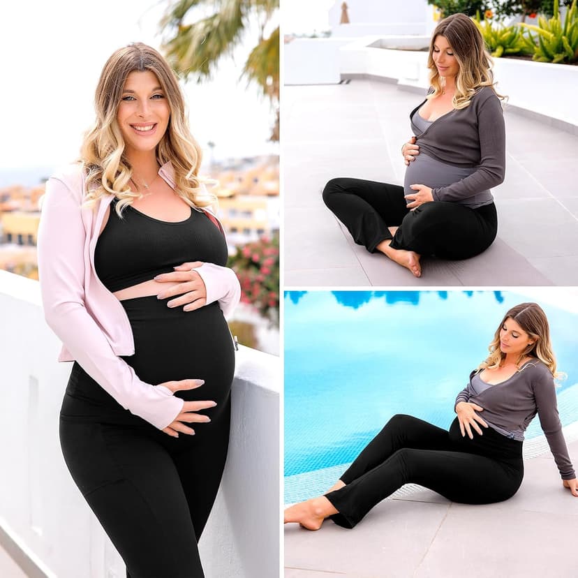 Pregnancy Pants, Buttery Soft, High Waisted, Over The Belly, Highly Stretchy, Fall Fashion Clothes, Yoga, for Casual Wear Leafigure Maternity Flare Leggings with Pockets B0F5HNGVG7