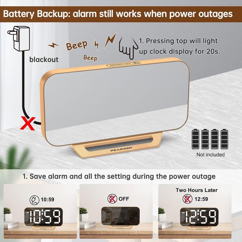 Peakeep Slim Digital Mirror Aesthetic Alarm Clock for Bedrooms Desk Decor - Plug in Electric Big LED Modern Small Clock for Office Living Room, Battery Backup, 6 Dimmers (Gold)