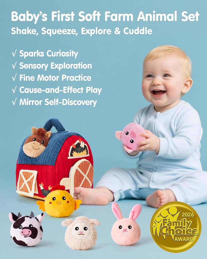 Baby Gifts Christmas Stocking Stuffers 6 Month Old Montessori Toys with Rattle, Crinkle, Texures, Mirror Infant Sensory Balls hahaland Baby Toys 6-12 Months - Surprise Barn Stuffed Farm Animals Plush B0CFX5H5MJ
