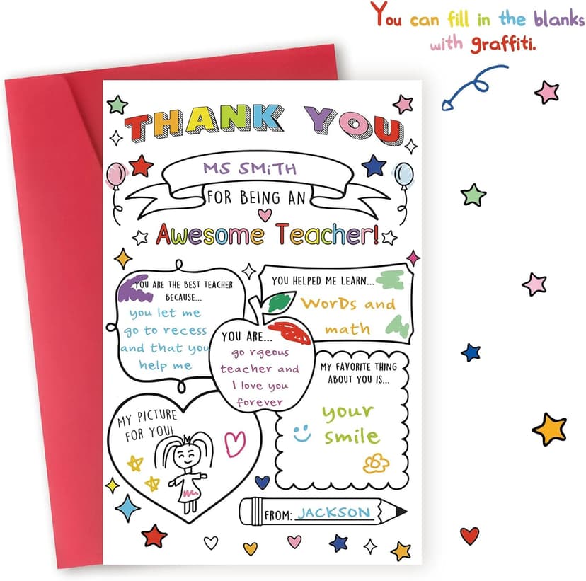 Fill in the Blanks,Teacher Thank You Gifts Idea from Kids Students with Envelopes,Premium 8x5.3 Inch Cardstock,Blank Inside Hongshan Thank You Card for Teacher,Funny Appreciation Card Gift Decoration B0DQC6YMVT