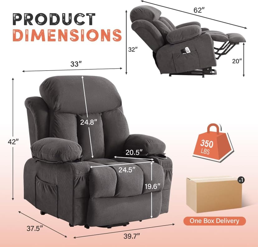 BOSMILLER Power Lift Recliner Chair with Massage and Heat for Elderly, Electric Recliner Single Sofa with Two Cup Holders, Extended Footrest, Side Pocket and USB Charge Port for Living Room