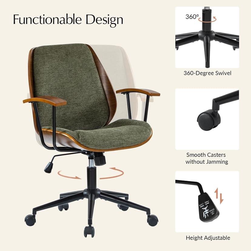 HULALA HOME Solid Wood Office Chair with Rocking Function, Comfy Fabric Desk Chair with Bent Wood and Metal Base, Height Adjustable Swivel Computer Task Chair, Green