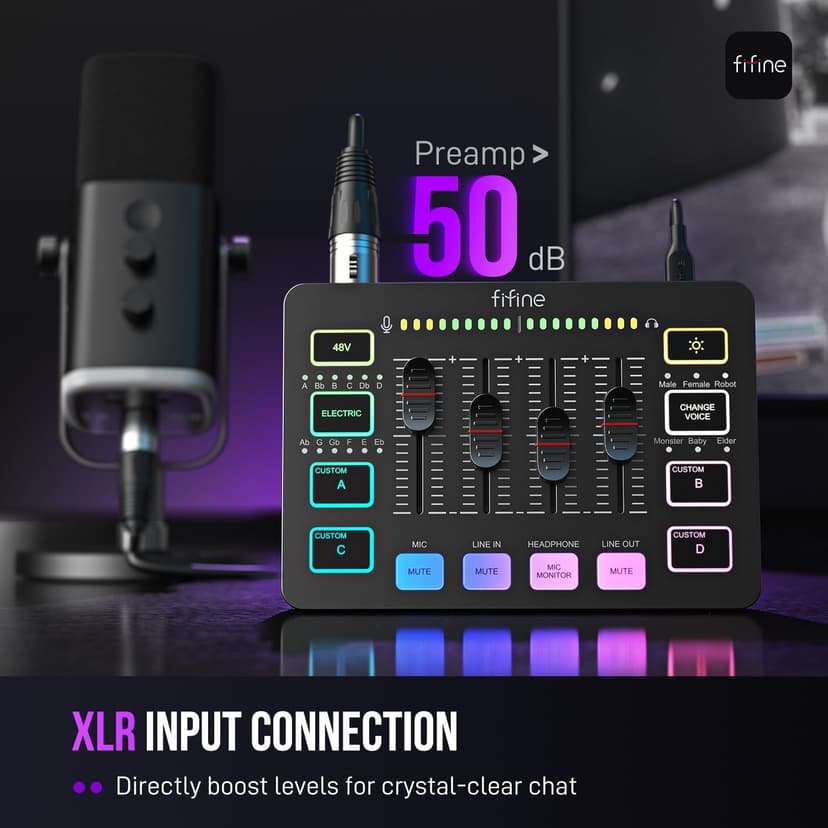 FIFINE Gaming Audio Mixer, Streaming RGB PC Mixer with XLR Microphone Interface, Individual Control, Volume Fader, Mute Button, 48V Phantom Power, for Podcast/Recording/Vocal/Game Voice-AmpliGame SC3