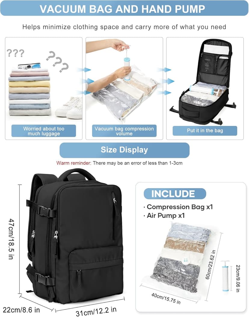 VGCUB Large Travel Backpack with Storage Compression Seal Bags for Clothing with Pump Vacuum System Carry on Personal Item Work Business Vacpack Laptop Backpack for Women Men Black