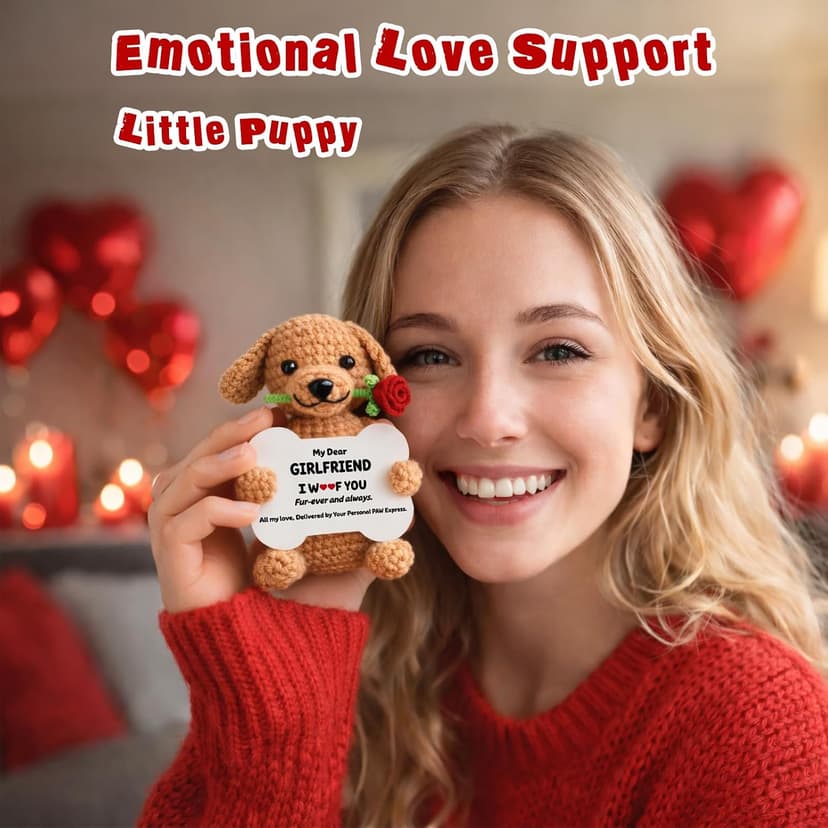 Funny Dog Mothers Day Girlfriend Gf Gifts, Anniversary Birthday Gifts for Girlfriend from Boyfriend, Mini Cute Cool Stuff Things Romantic I Love You Presents, Small Happy Crochet Rose Dog Puppy