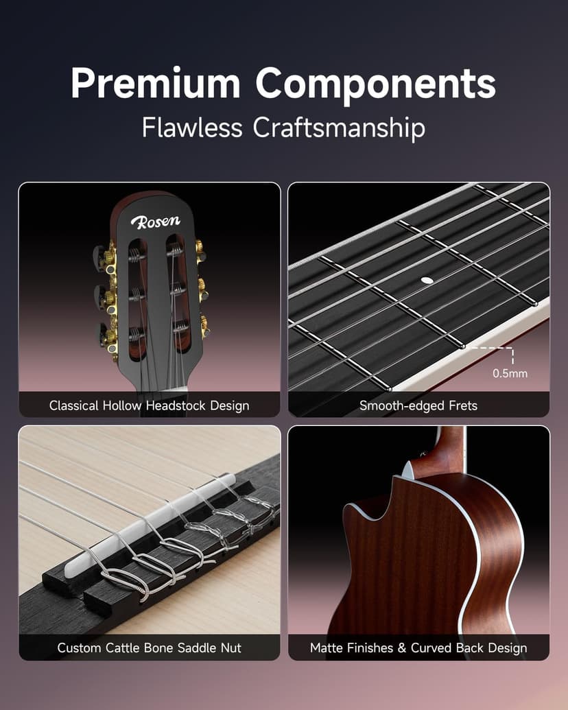 Rosen V1 Hybrid Acoustic Guitar for Beginners Adults Patented Body with Solid Spruce Top & Soft Touch Strings Thin Neck & Open Pore Matte 40 Inch,Black