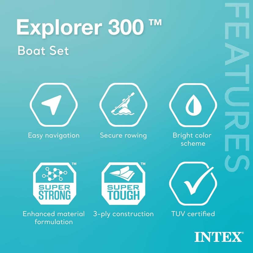 INTEX Explorer Compact Inflatable Boat Series: Dual Air Chambers – Welded Oar Locks – Grab Handles – Bow Rope – Sporty Design