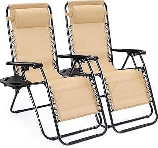 Sweetcrispy Zero Gravity Chairs, Set of 2 Portable Recliner Beach Camping Patio Outdoor Folding Lounge Chair with Cup Holder Trays and Adjustable Pillow for Poolside, Garden, Backyard, Lawn (Khaki)