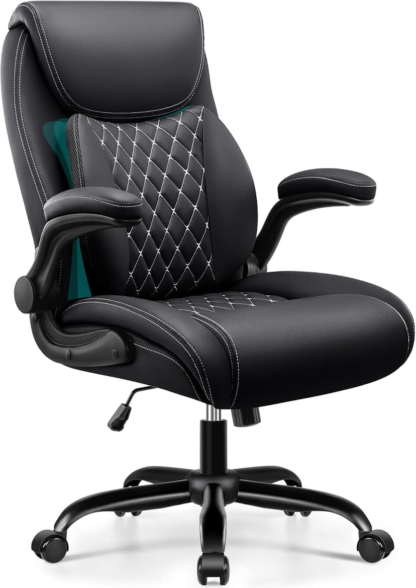 BESTFAIR Office Chair, Ergonomic Computer Desk Chairs with Lumbar Support for Lower Back Pain Relief, Executive Leather Home Chair Comfy with Padded Flip-up Armrests, Black