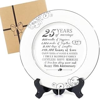25th Anniversary Plate with Platinum Foil - Silver 25 Year Marriage Anniversary Wedding Gifts for Couple Her Him Husband Wife, 9"
