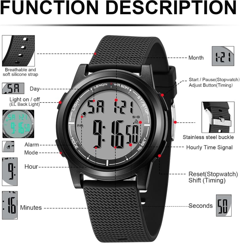 HANPOSH Mens Digital Watch Ultra Thin Minimalist Sports Waterproof Outdoor LED Screen Large Face Wrist Watches for Men with Back Light Alarm Date Stopwatch