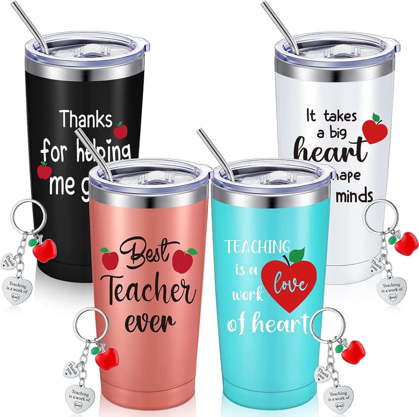 Yinder Valentines Gifts for Teachers Tumbler Set 4pcs Stainless Steel Tumblers with Keychains 12oz Insulated Mugs for Teachers Appreciation Presents Thank You Gifts Bulk Teacher Supplies(Apple)
