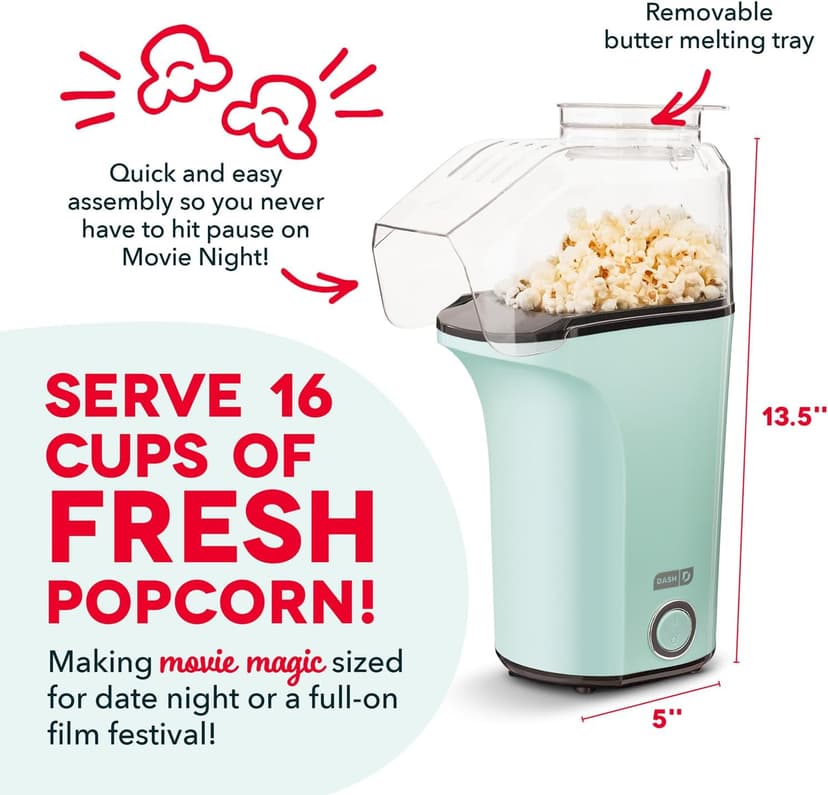 DASH Hot Air Popcorn Popper Maker with Measuring Cup to Portion Popping Corn Kernels + Melt Butter, 16 Cups - Aqua