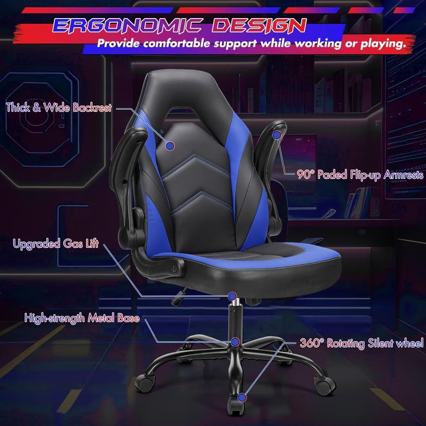 Sweetcrispy Computer Video Game Chair - Ergonomic Home Office with Comfy Lumbar Support, PU Leather Height Adjustable with Flip-up Armrest and 360° Swivel Wheels, Blue, for Adults, Teens
