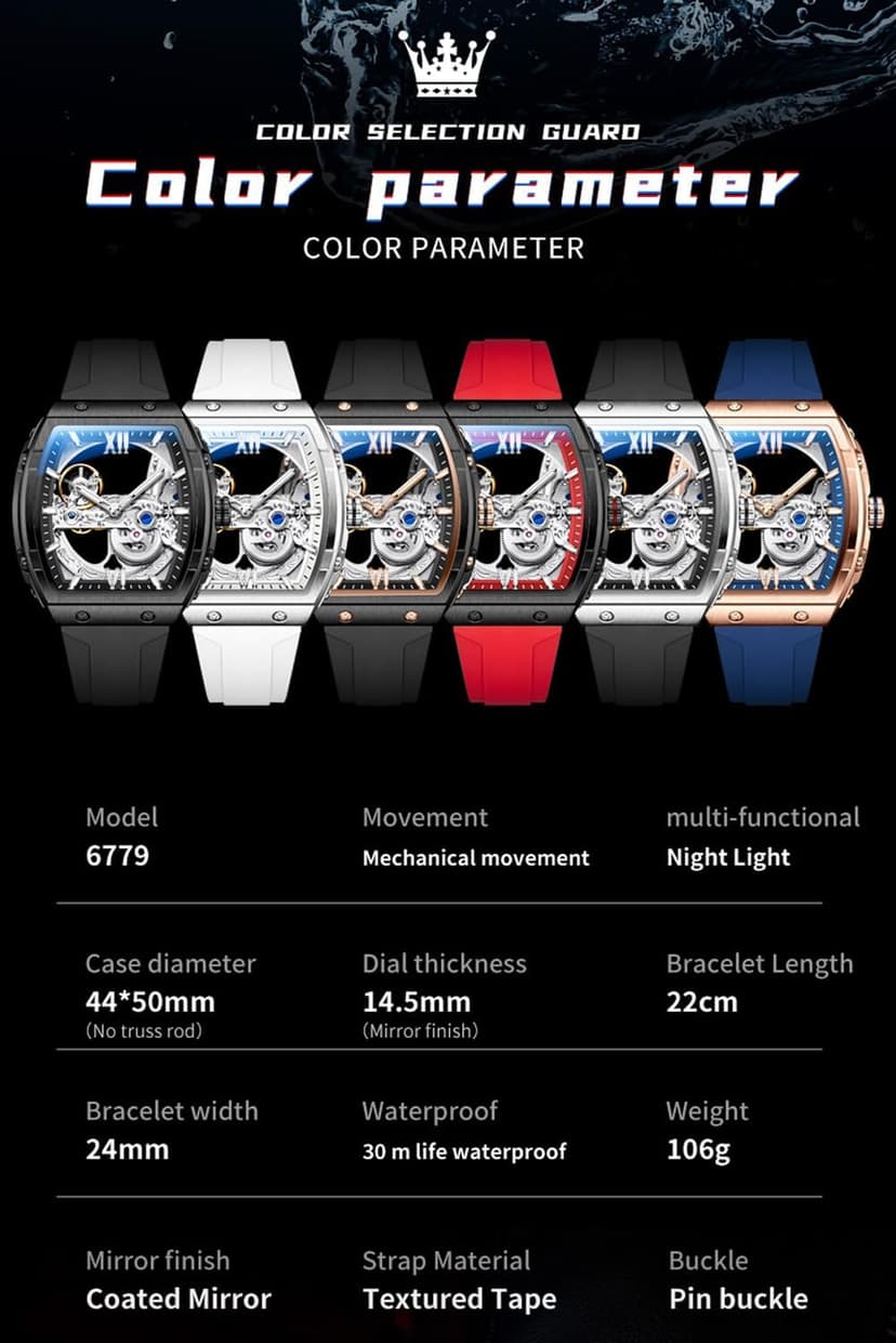 OLEVS Watch for Men Skeleton Automatic Tonneau Silicone Strap Business Luxury Waterproof Luminous Mechanical Men Wrist Watch