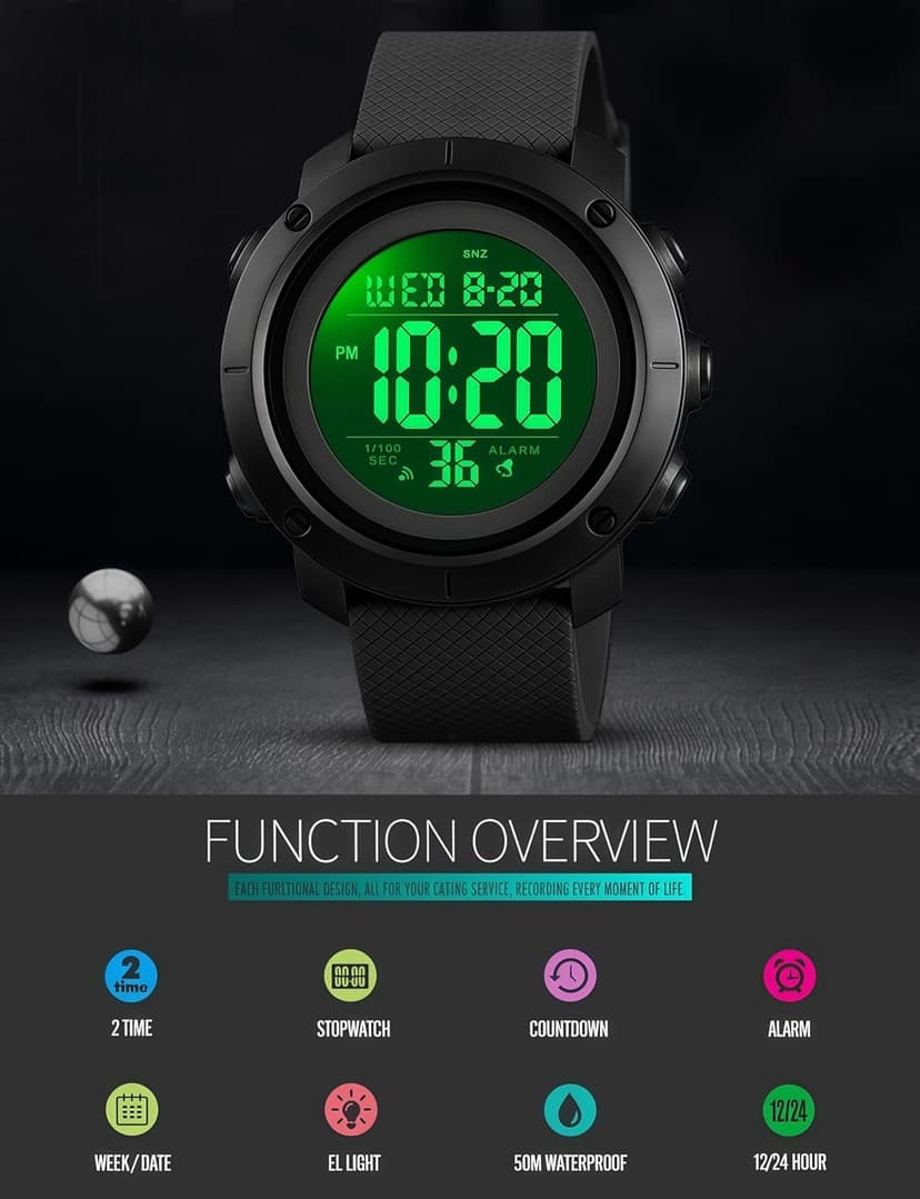 SNE Digital Watch Sports Waterproof Military Back Light Small Watch for Men Black 1426