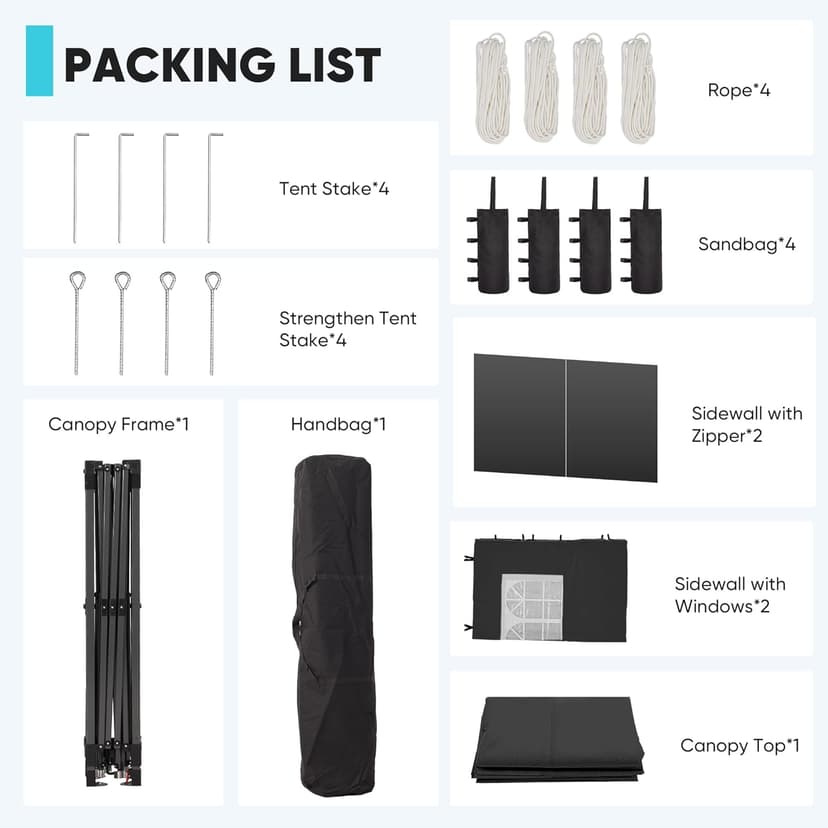 GDY 10x10 Pop Up Canopy Tent with 4 Sidewalls, Easy Set up with One Push Lift Outdoor Silver Coated Beach Gazebos, Carpas with 4 Sandbags, for Events, Parties,Camping, Black.