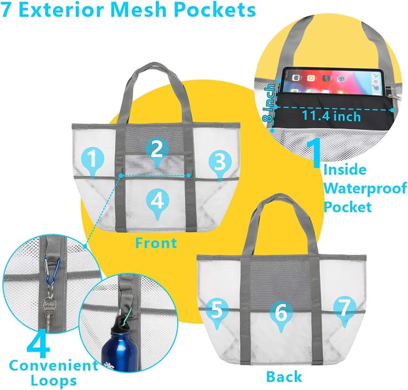 F-color Mesh Beach Bag Family - Large Tote Bag 9 Pockets for Swim Pool Toys Cruise Beach Vacation Essentials