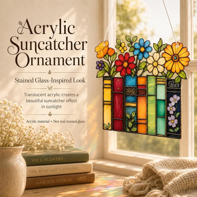Book Lovers Gifts for Women, Book Ornament Faux Stained Glass Window Hanging, Bookish Gifts for Teacher, Librarian, Reader, Bookworm, Christmas Stocking Stuffer Tree Decorations (Floral Shelf)