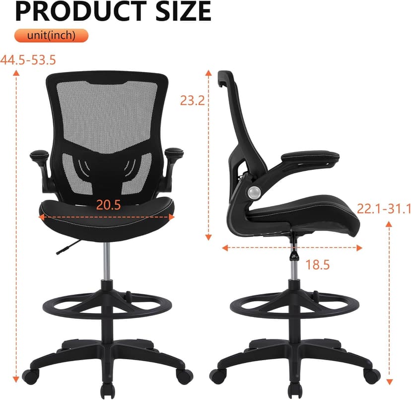 BestOffice Drafting Chair Ergonomic Tall Office Chair Standing Desk Chair with Flip Up Arms Foot Rest Back Support Adjustable Height Mesh Drafting Stool, Dark Black