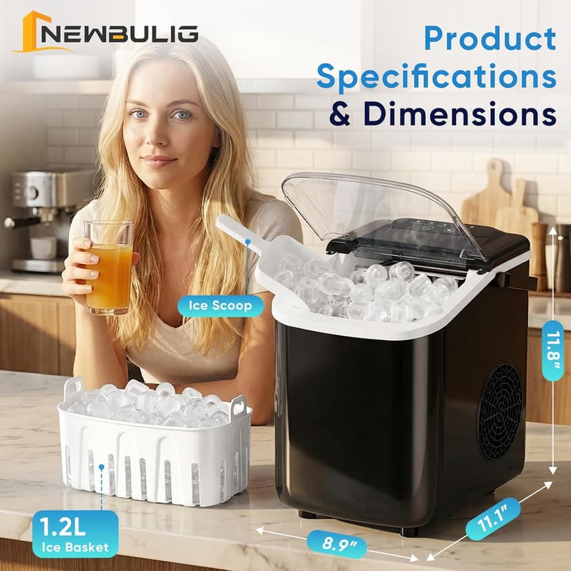 NEWBULIG Ice Maker, Countertop Ice Machine with Handle, 9 Bullet Cubes in 6~8 Mins, 26lbs Daily, Self-Cleaning with Basket and Scoop for Home/Kitchen/Camping/RV