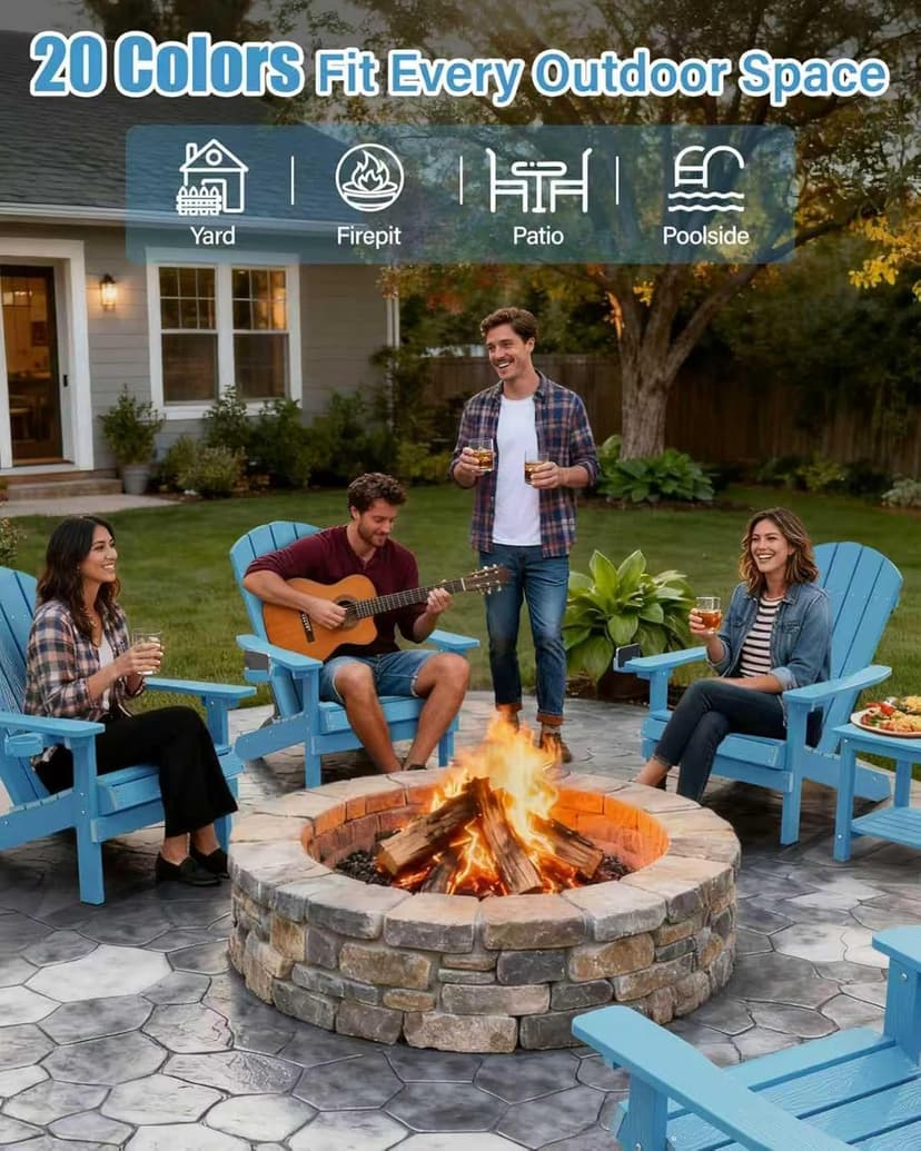 YEFU Adirondack Chair Weather Resistant: Outdoor Chair HIPS Plastic Adirondack Chairs - Patio Chairs with Cup Holder & Wood Texture - Lawn Fire Pit Deck Porch Garden Chairs for Adults (Blue)