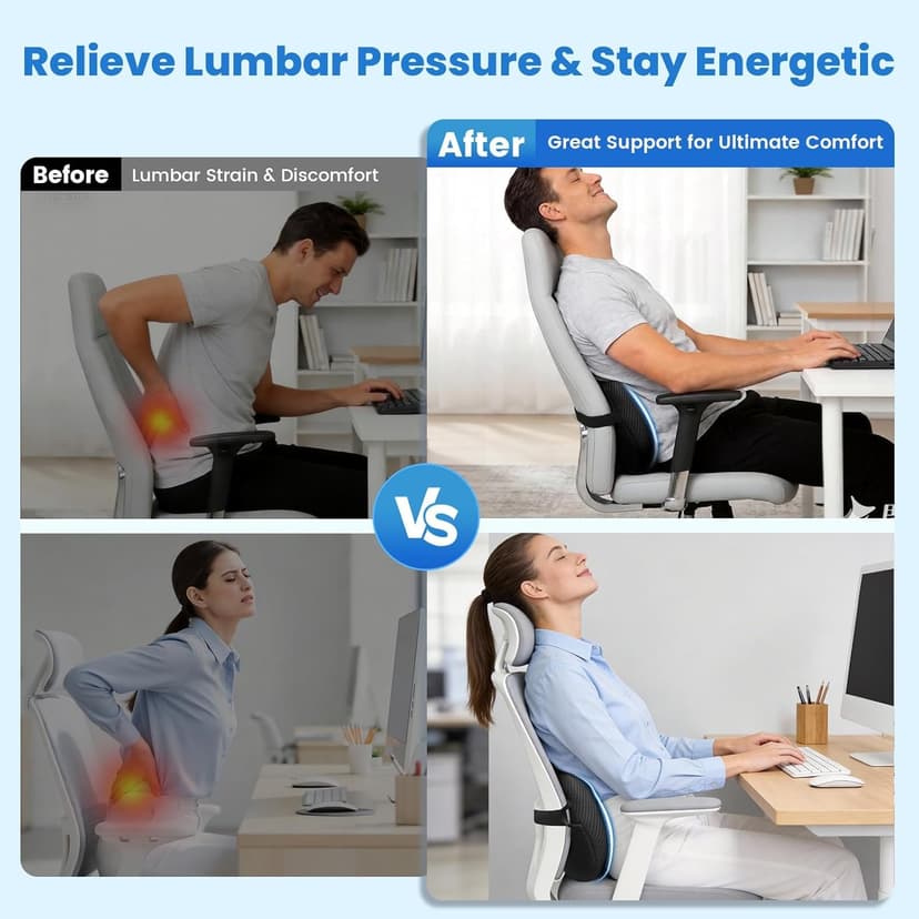 Lumbar Support Pillow for Office Chair, Memory Foam Lower Back Support, Ergonomic Lumbar Pillow with Adjustable Strap, Breathable Cover (Black)