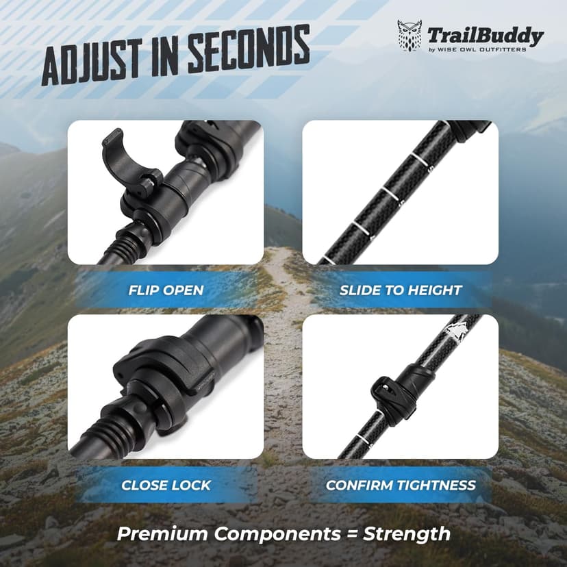TrailBuddy 3K Carbon Fiber Hiking Poles - Collapsible Lightweight Trekking Poles for Hiking - Adjustable Walking Sticks for Women, Men, Seniors with All-Terrain Tips, Baskets & EVA Grips